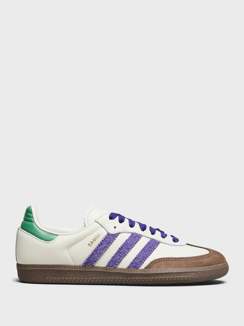 Adidas - Women's Samba Indoor Sneakers in Off White, Core Purple and Prologue Green