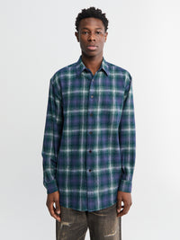 Auralee - Airy Wool Check Shirt in Forest Green and Navy