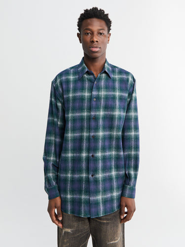 Auralee - Airy Wool Check Shirt in Forest Green and Navy