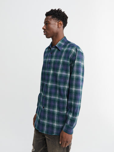 Auralee - Airy Wool Check Shirt in Forest Green and Navy