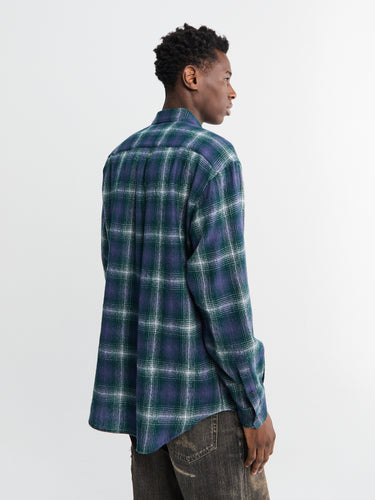 Auralee - Airy Wool Check Shirt in Forest Green and Navy