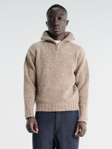 Auralee - Low-Gauge Homespun Tweed Knit Zip Turtle in Top Brown