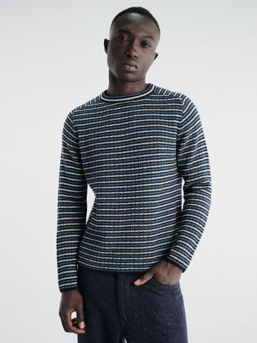 Auralee - Shetland Wool Cashmere Rib Knit in Navy Stripe