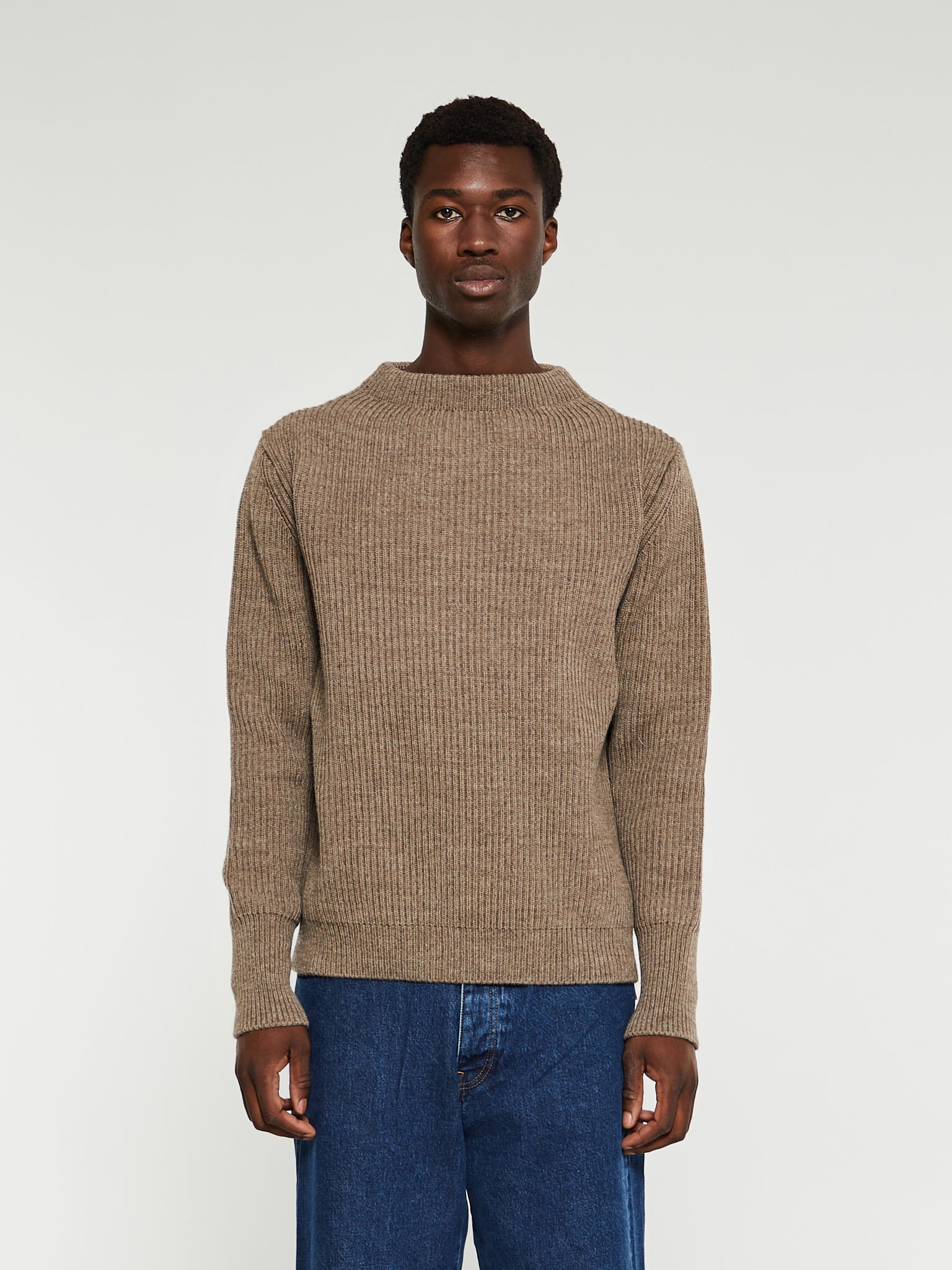 Navy Crewneck Knit in Natural Taupe