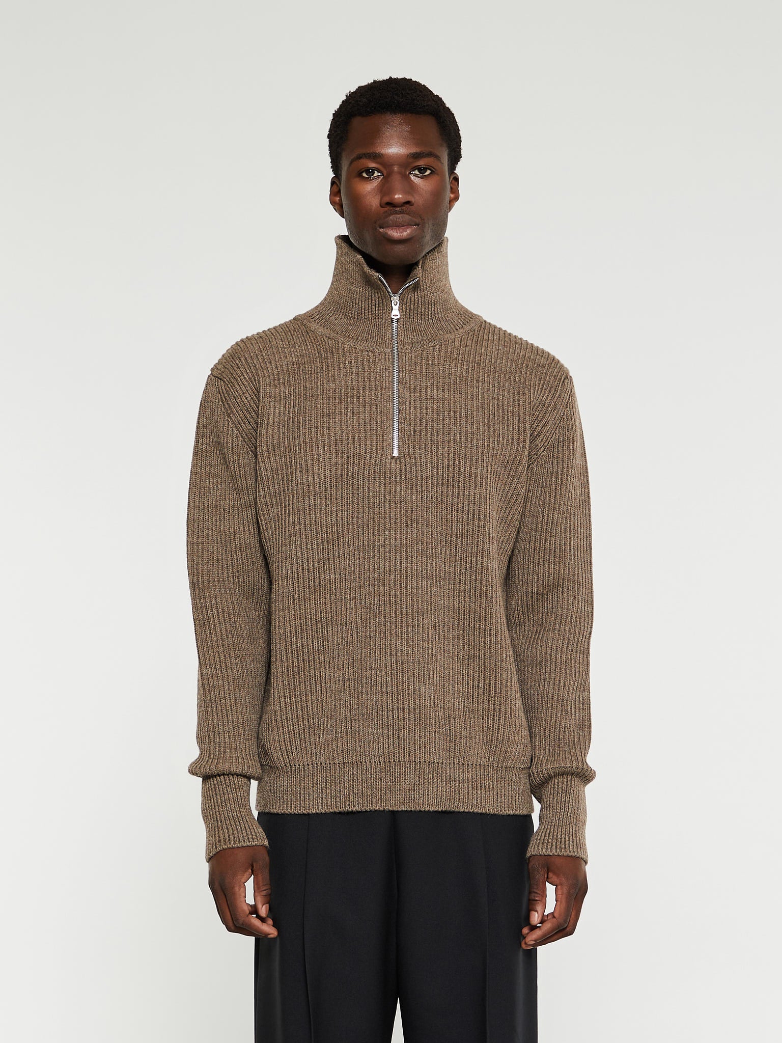 Navy Half Zip Knitwear in Natural Taupe
