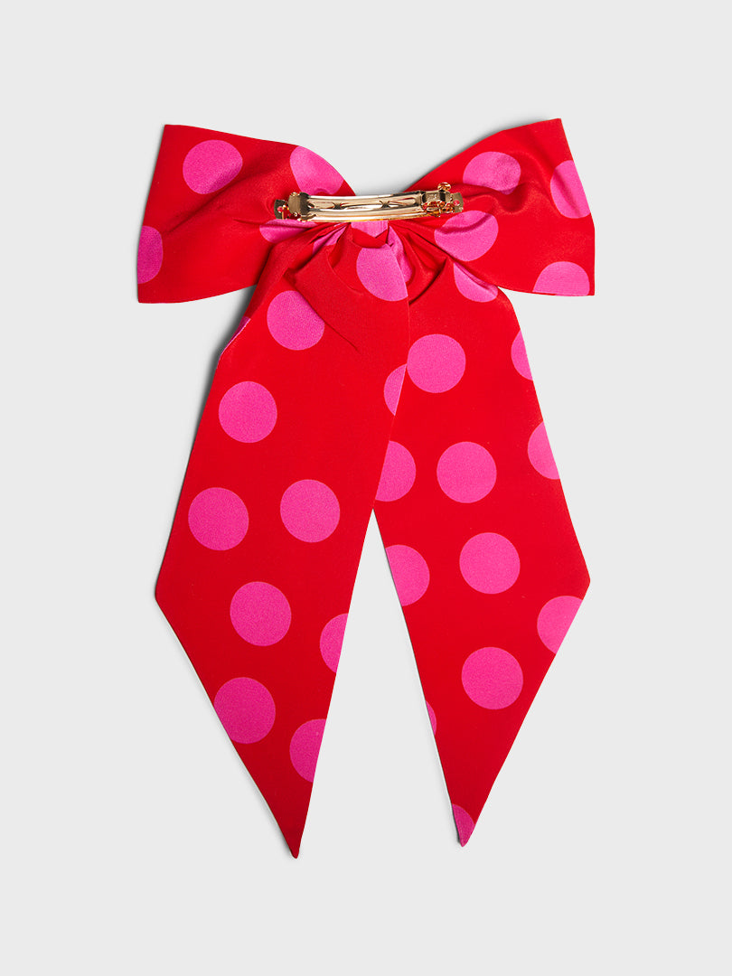 Caro Hair Bow in Red With Pink Dots and Black Dot Rose