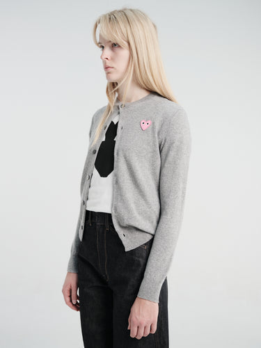 Comme des Garçons PLAY - U Round-Neck Cardigan Pink Emblem Knit in Light Grey