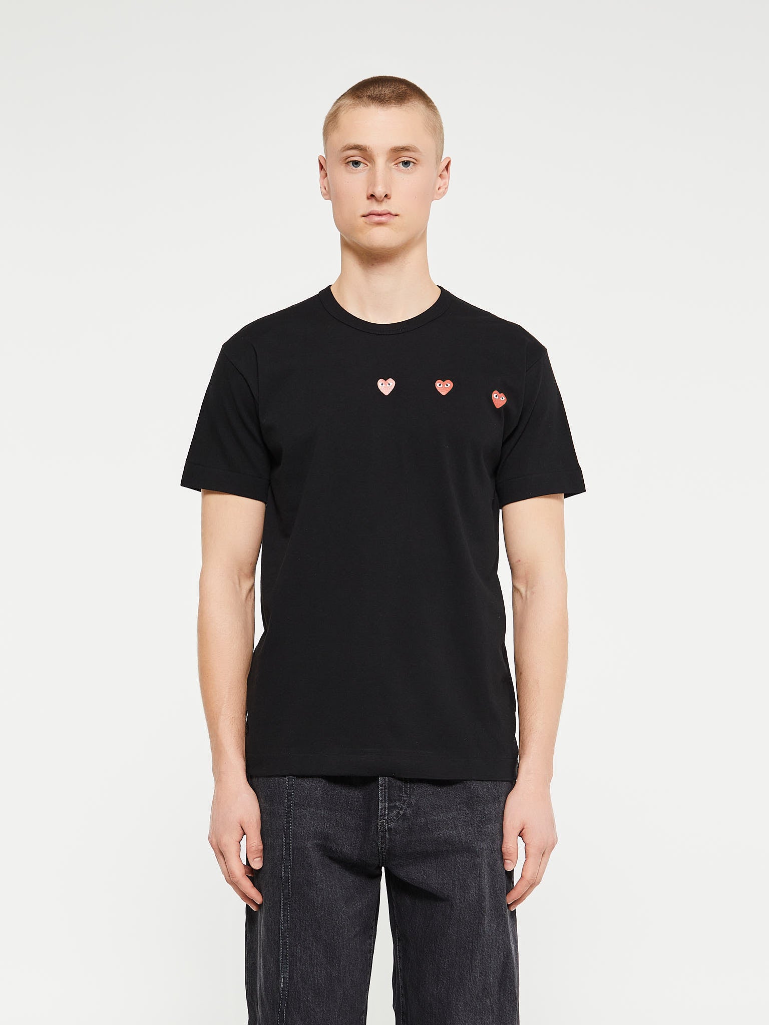 Comme des Garçons PLAY - Horizontal 3 Hearts Short Sleeve T-Shirt in Black