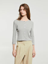 Dunst - Pointelle Crewneck Cardigan in Melange Grey