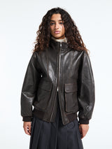 Dunst - Unisex Stand Collared Leather Blouson Jacket in Dark Brown