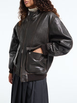 Dunst - Unisex Stand Collared Leather Blouson Jacket in Dark Brown