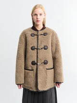 Dunst - Collarless Buckled Shearling Jacket in Khaki Beige