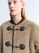 Dunst - Collarless Buckled Shearling Jacket in Khaki Beige
