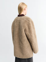 Dunst - Collarless Buckled Shearling Jacket in Khaki Beige