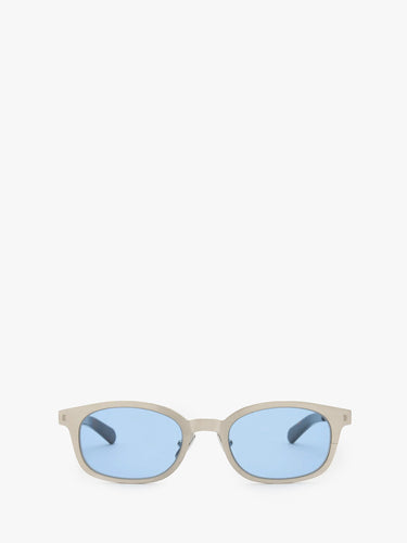 Flatlist - Le Bucheron Titanium Sunglasses in Brushed Silver Dark Tortoise and Solid Blue Lens