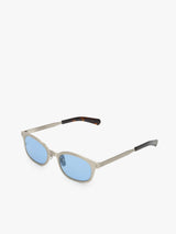 Flatlist - Le Bucheron Titanium Sunglasses in Brushed Silver Dark Tortoise and Solid Blue Lens