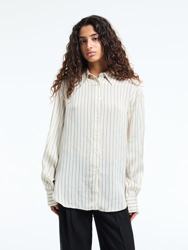 The Frankie Shop - Peri Striped Silk Shirt in Cream and Navy Stripe
