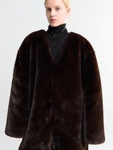 The Frankie Shop - Matera Collarless Faux Fur Coat in Brown