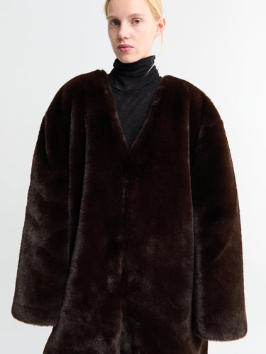 The Frankie Shop - Matera Collarless Faux Fur Coat in Brown