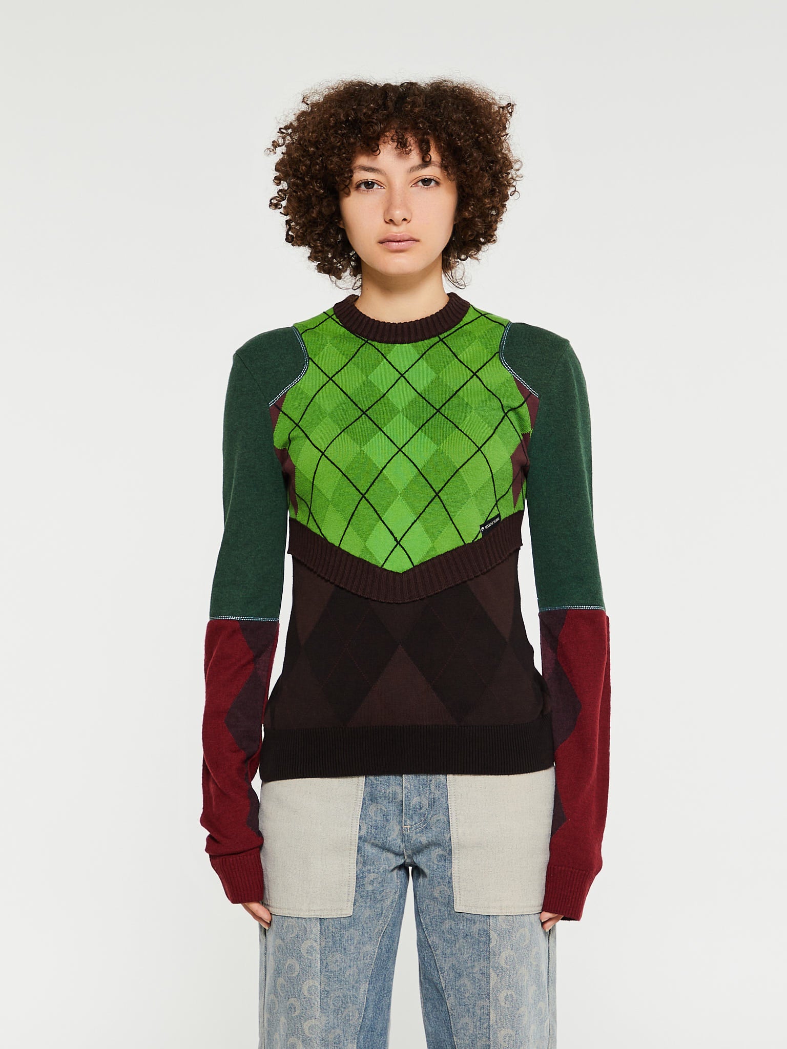 Marine Serre - Regenerated Lozenge Knit Crewneck Pullover in Green and Brown