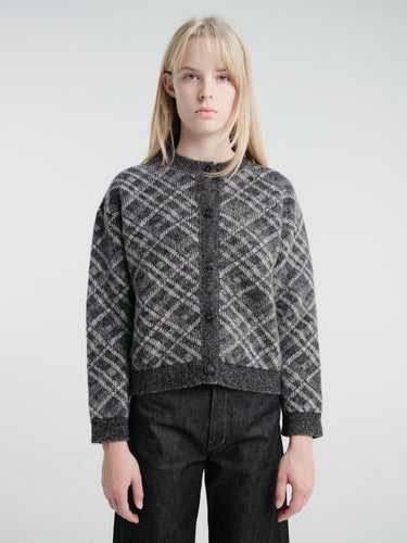 mfpen - Womens Round Neck Cardigan in Grey Argyle