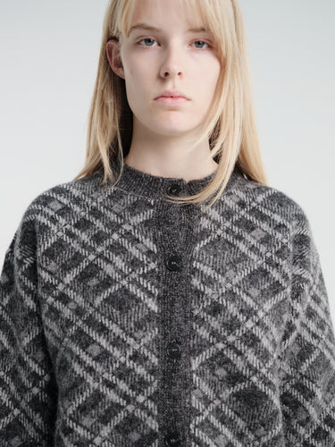 mfpen - Womens Round Neck Cardigan in Grey Argyle