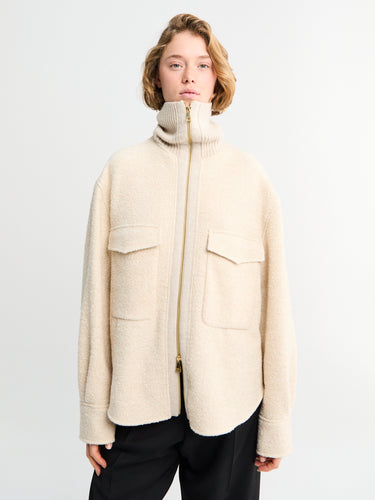 Moncler - Bouclé Wool Blend Zip-Up Shirt in Light Beige