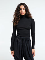 Oscalito - Wool & Silk Long Sleeve Rib Turtleneck Top in Black