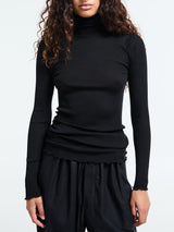 Oscalito - Wool & Silk Long Sleeve Rib Turtleneck Top in Black