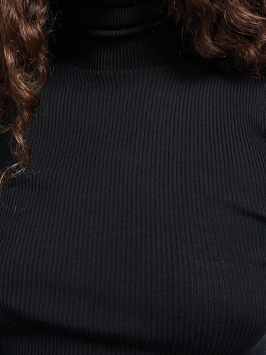 Oscalito - Wool & Silk Long Sleeve Rib Turtleneck Top in Black