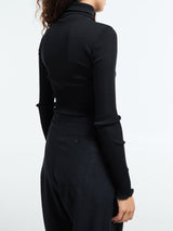 Oscalito - Wool & Silk Long Sleeve Rib Turtleneck Top in Black