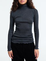 Oscalito - Wool & Silk Long Sleeve Rib Turtleneck Top in Grey