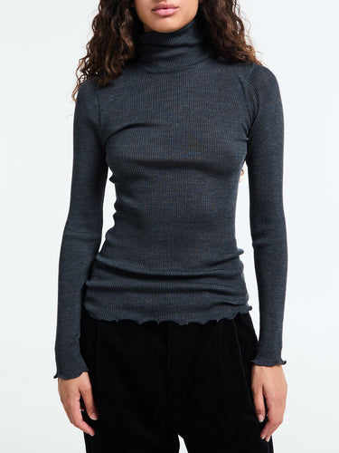 Oscalito - Wool & Silk Long Sleeve Rib Turtleneck Top in Grey