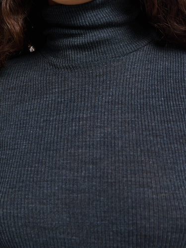 Oscalito - Wool & Silk Long Sleeve Rib Turtleneck Top in Grey