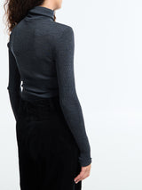 Oscalito - Wool & Silk Long Sleeve Rib Turtleneck Top in Grey