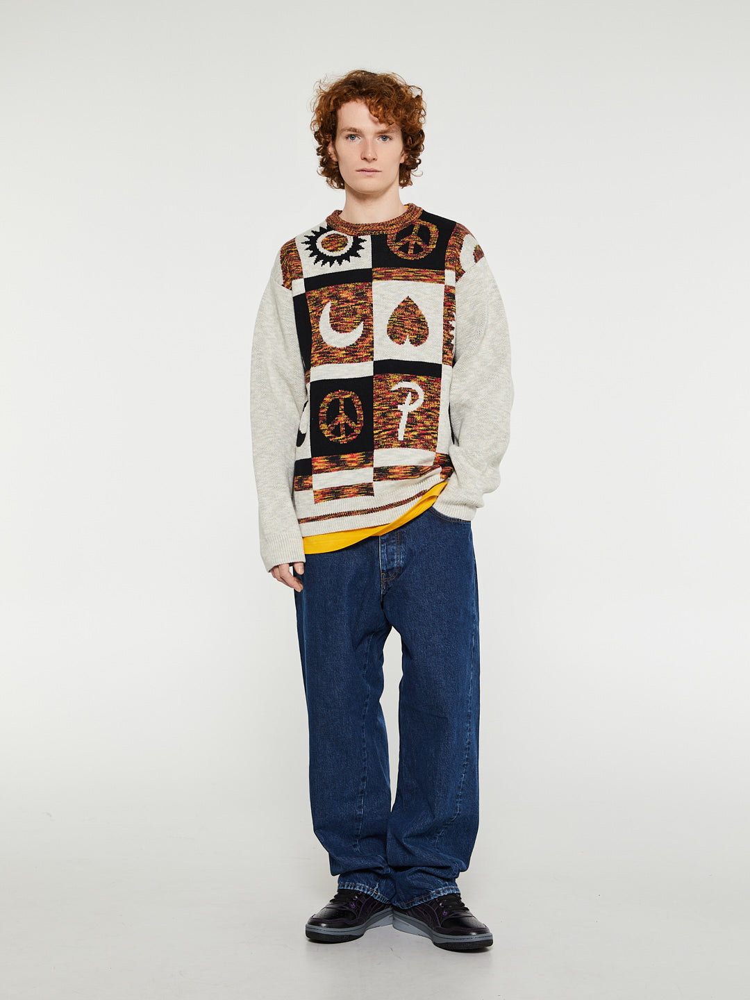 Jacquard Crayon Knitted Sweater in Space Dye and Dark Blue