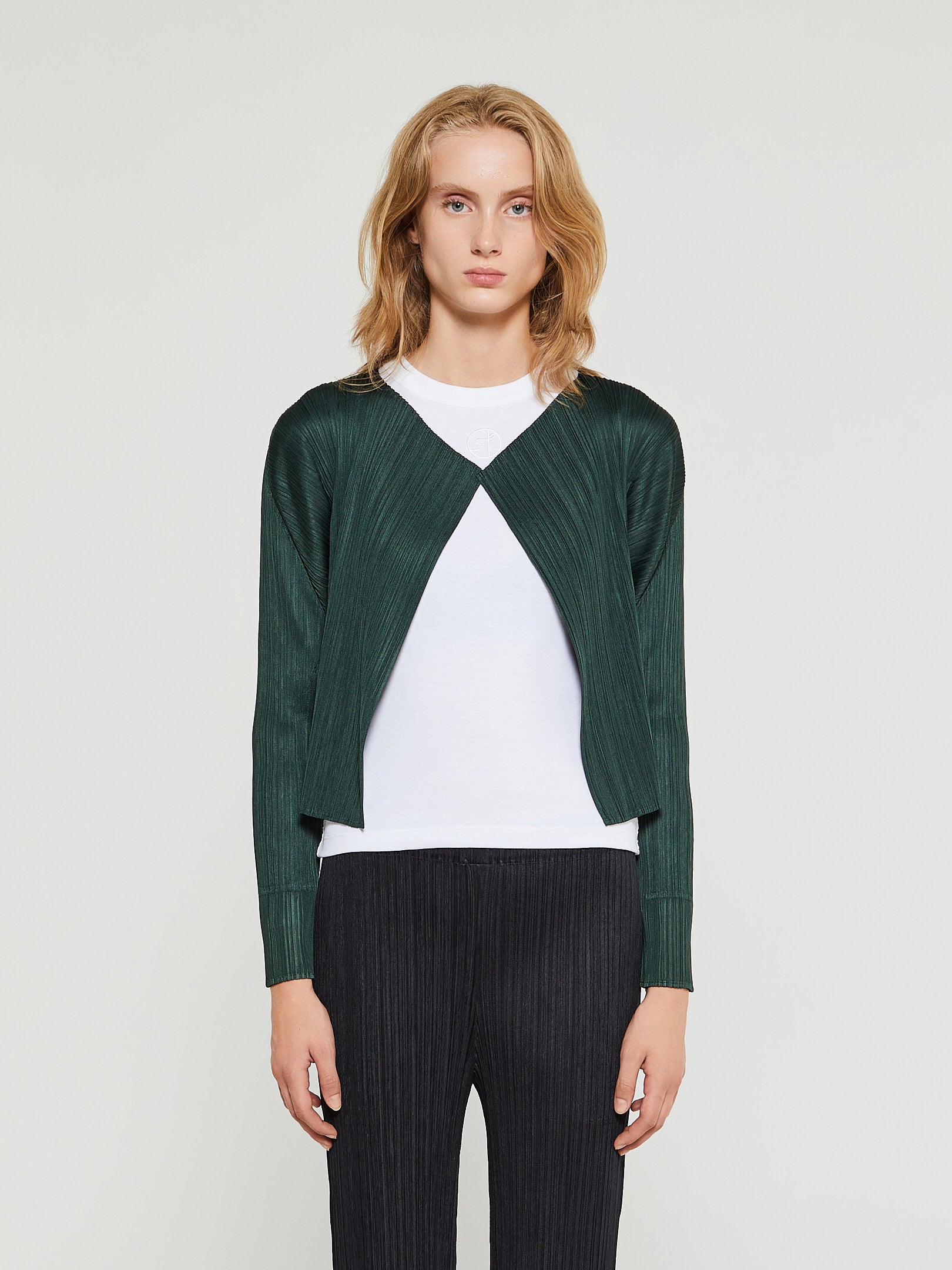 Pleats Please Issey Miyake - Pleated Cardigan in Dark Green