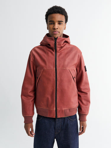 Stone Island - 0100004 Textured Leather Hooded Jacket with Padded Lining in Brick Red