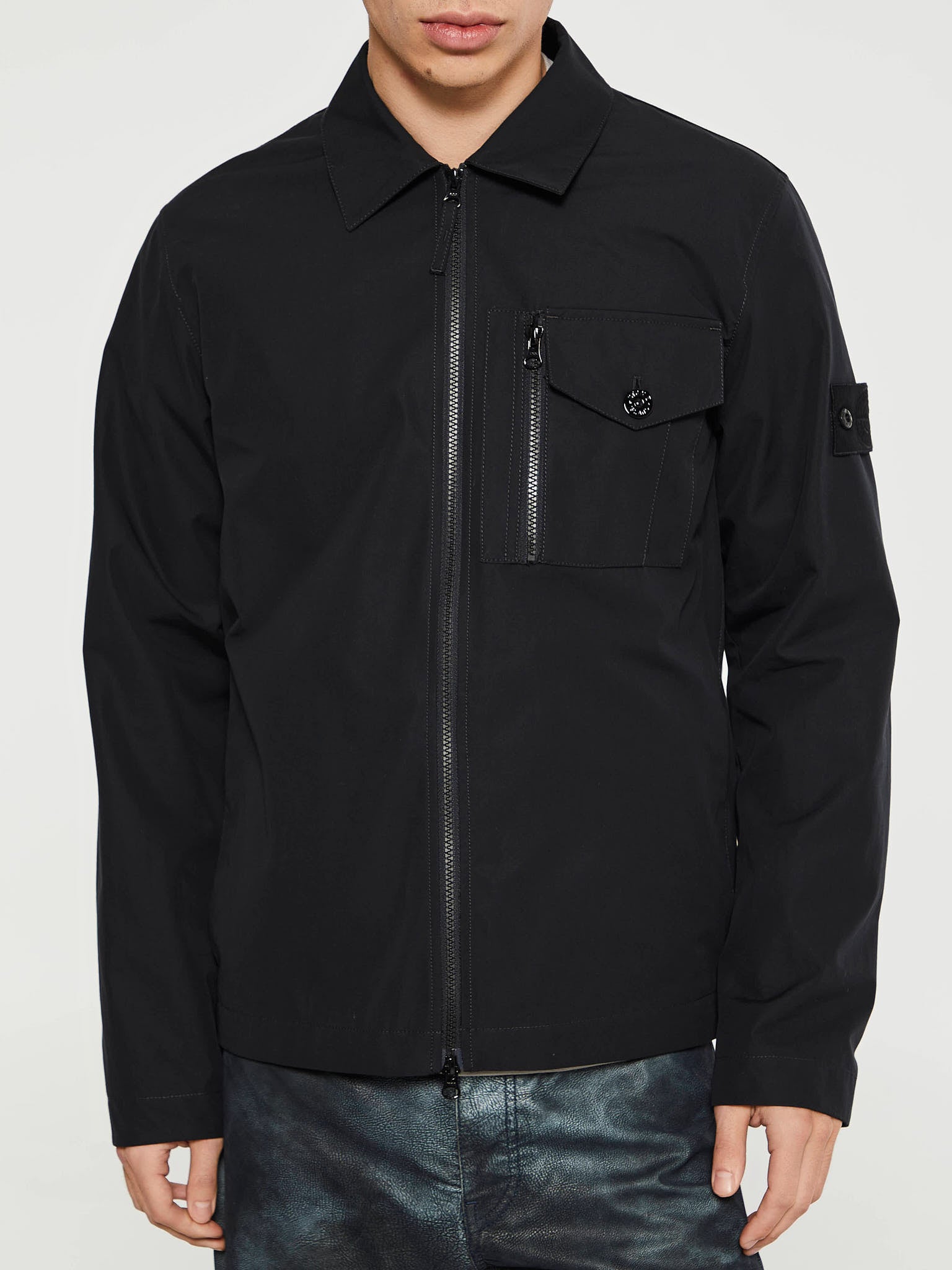 Stone Island Zip Overshirt Black Stone Island Brushed Cotton