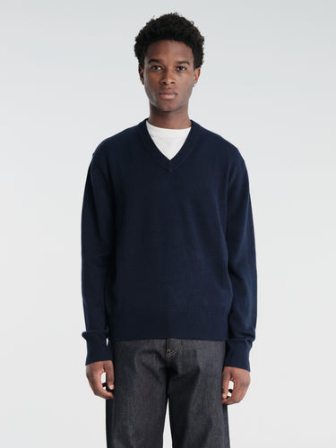 Sunflower - Moon Merino V Neck in Navy