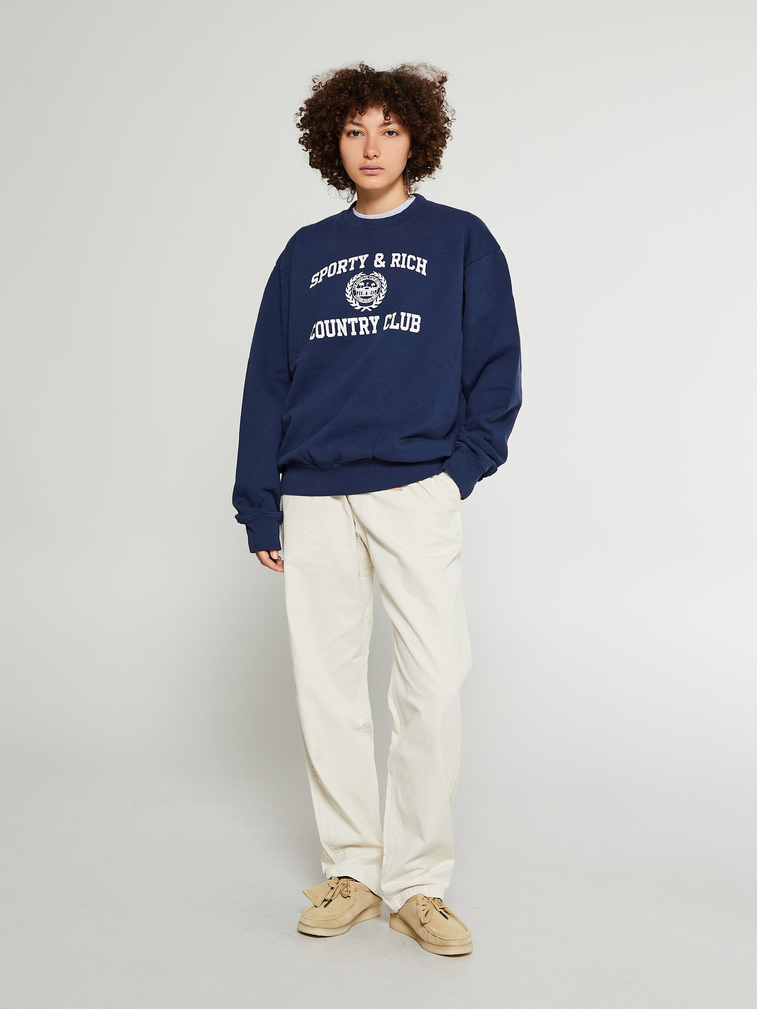 Varsity Crest Crewneck in Navy and White