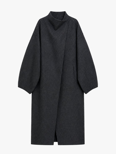 The Frankie Shop - Leroy Funnel Neck Wool Coat in Dark Grey Melange