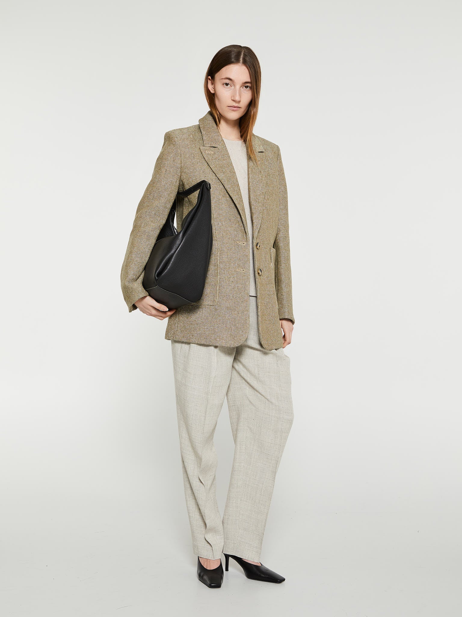 Double-Pleated Tailored Trousers in Oat Melange