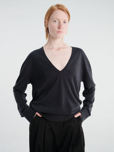 TOTEME - Fine V-Neck Knit in Charcoal Melange