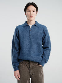 Auralee - Brushed Super Kid Mohair Knit Polo in Light Navy