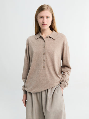 The Frankie Shop - Tala Knit V-Neck Polo in Taupe Melange