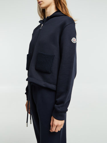 Moncler - Knit Accent Cotton Zip-Up Hoodie in Navy Blue