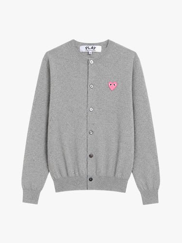 Comme des Garçons PLAY - U Round-Neck Cardigan Pink Emblem Knit in Light Grey