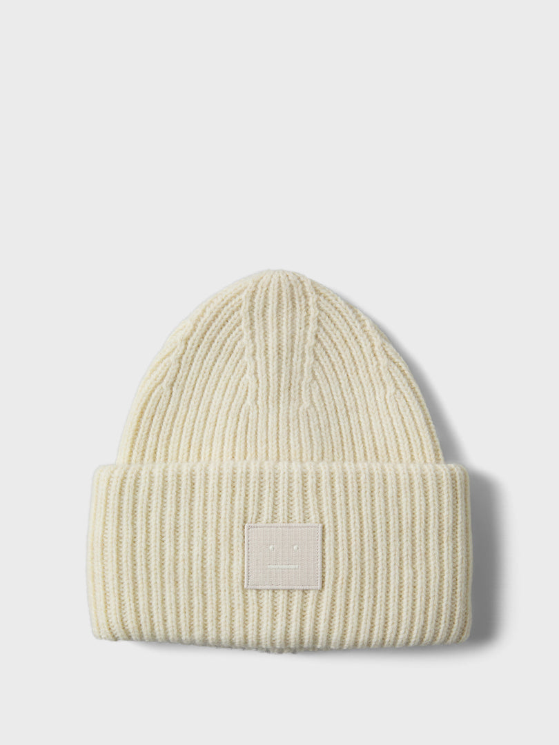 Acne Studios Face - Ribbed Knit Beanie Hat in Oatmeal Melange