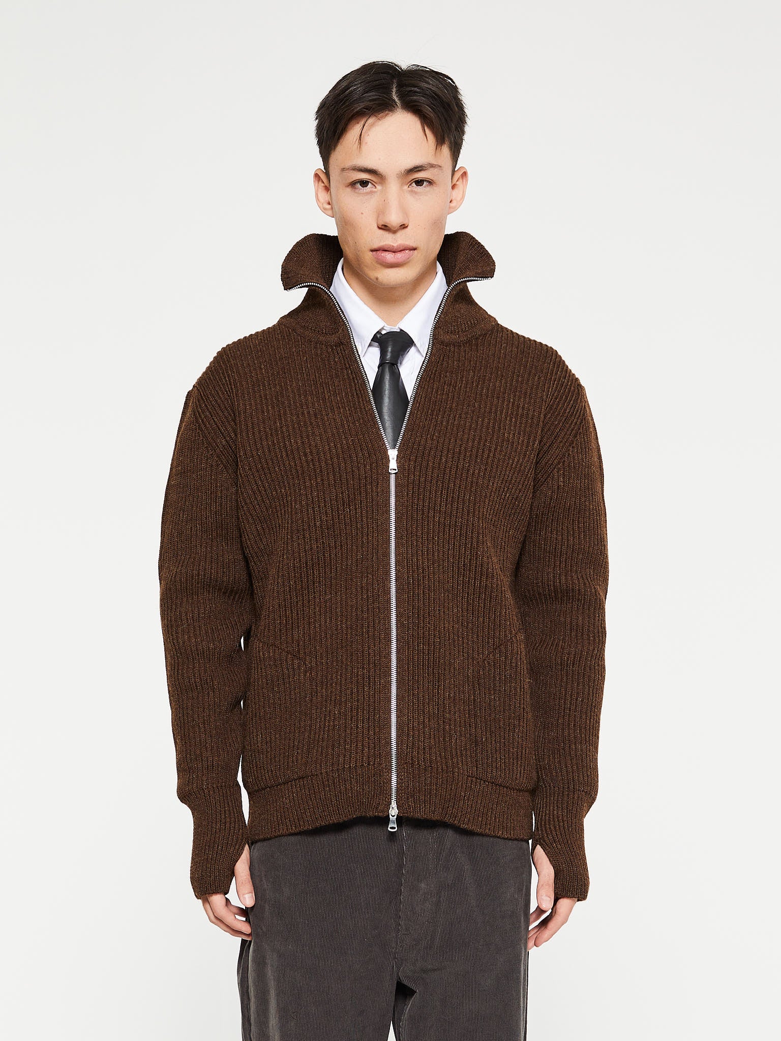 Andersen-Andersen - Navy Full Zip Pockets Knitwear in Natural Brown